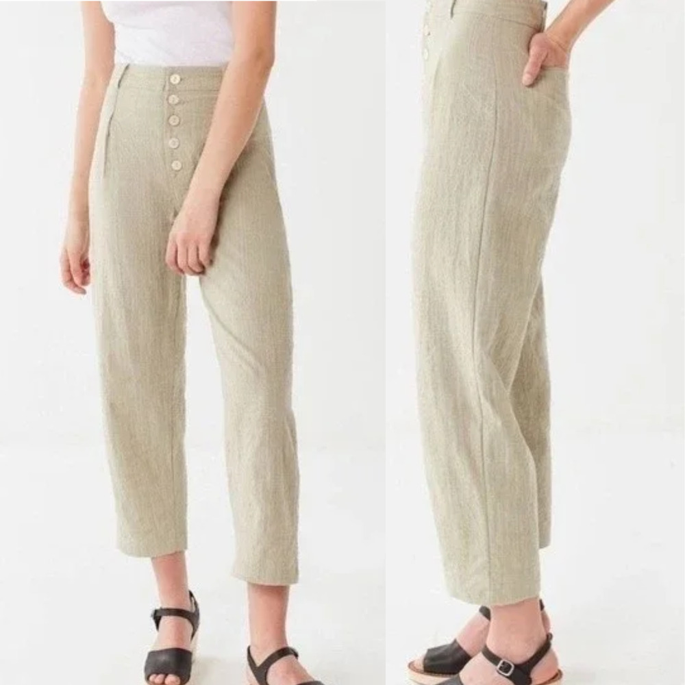 Urban Outfitters Cotton Cropped Textured Pants 2 Beige Lightweight Button Fly